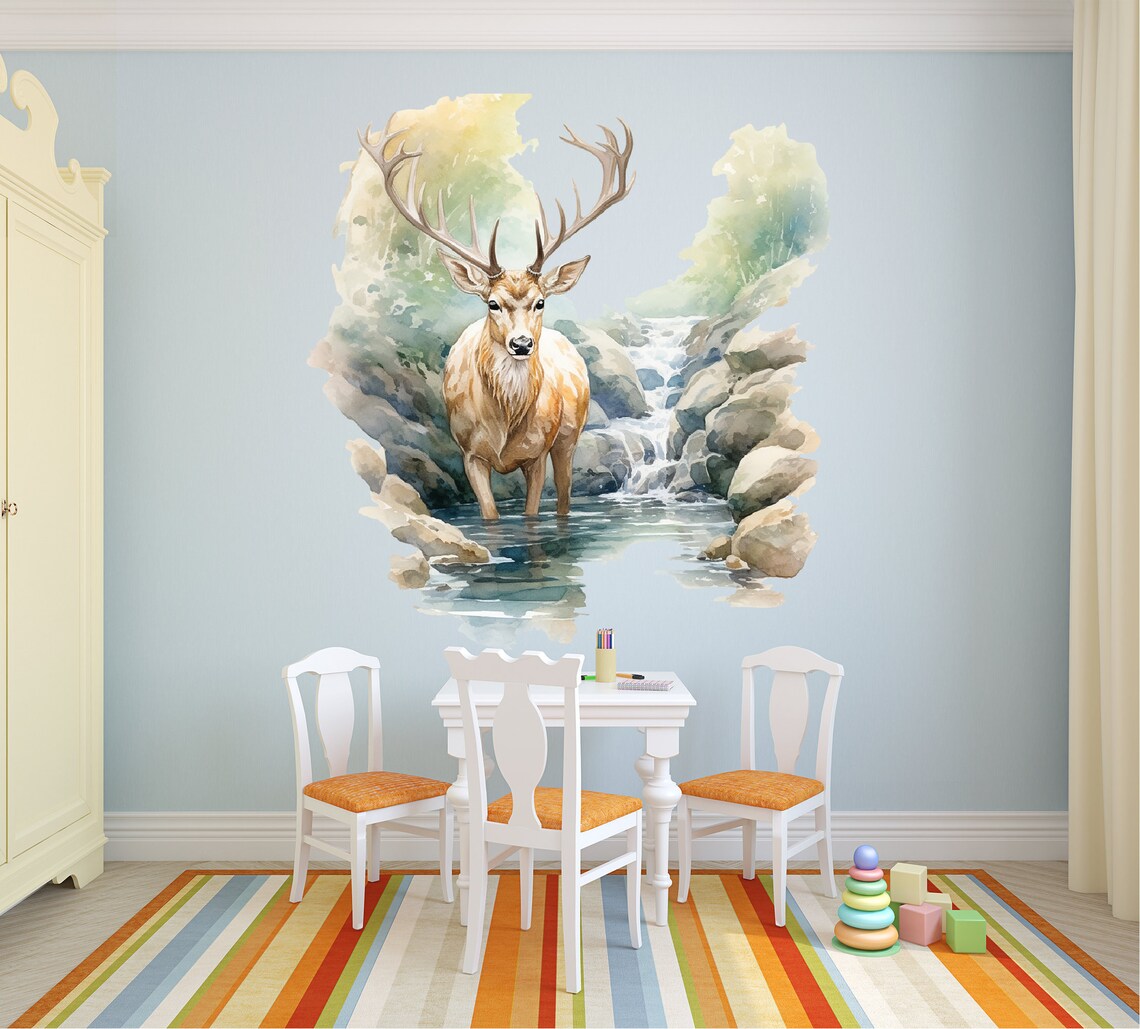 Deer Waterfall Wall Decal - Forest Theme Decor - Adorable Deer Wall Art ...