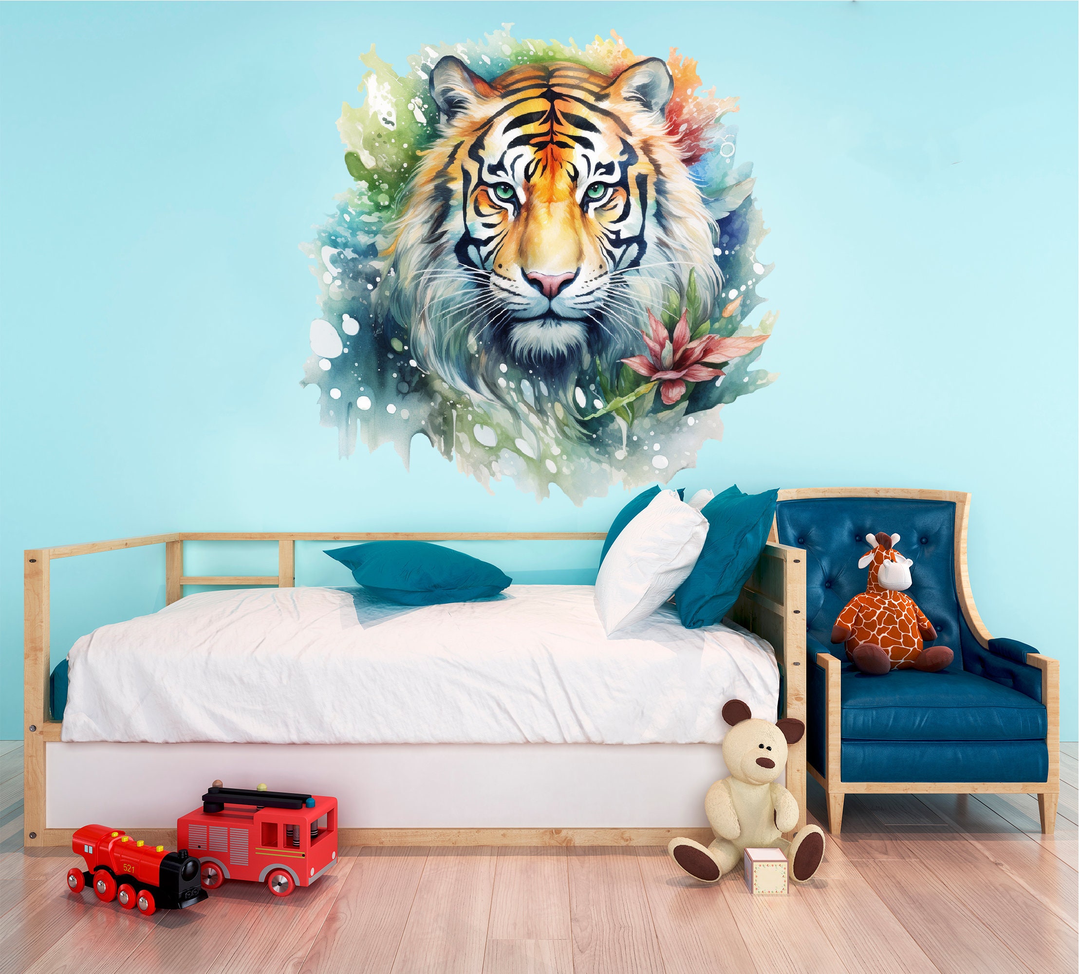 Colorful Tiger Wall Decal - Wild Safari Theme Decor - Tiger Wall Art ...