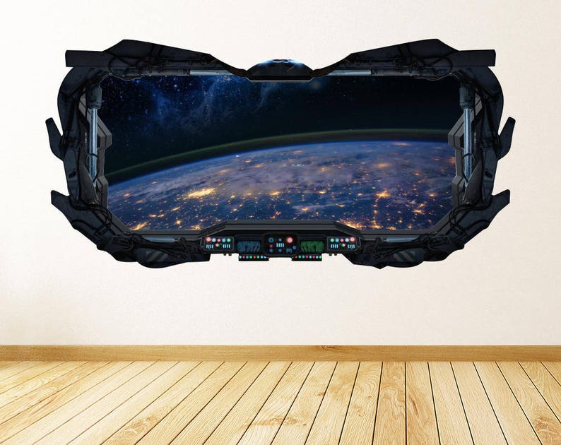 Earth Lights View 3D Spaceship Window Wall Decal - Lights From Earth ...