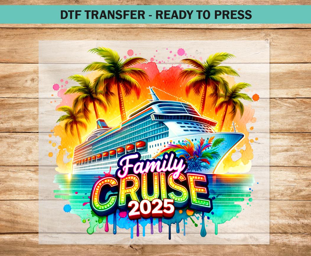 Trasferimento DTF crociera per famiglie, trasferimenti DTF crociera 2025 pronti per la stampa, t-shirt con stampa DTF per vacanze in famiglia trasferimento termico personalizzato