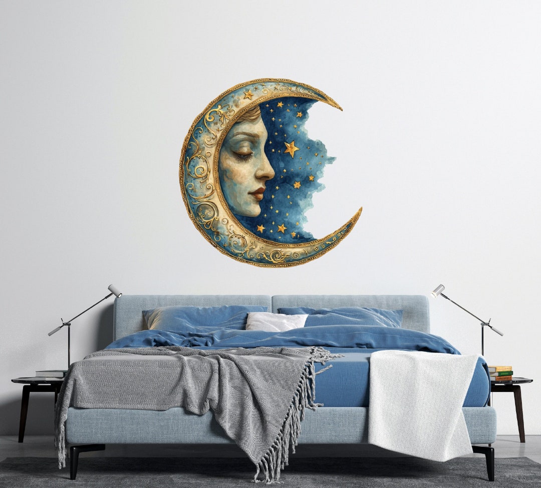 Celestial Woman Face Moon and Stars Art Print - Mystical Sky Theme ...