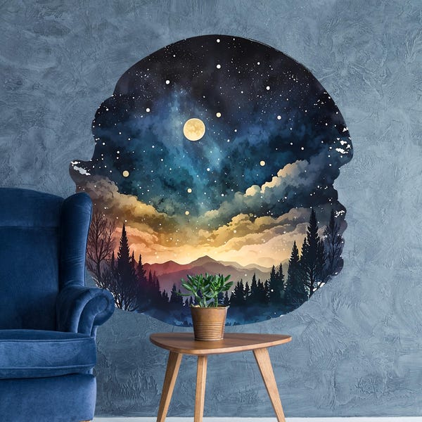 Adesivo de parede com nuvens, lua, estrelas e montanhas em aquarela - Decoração com tema de floresta mágica e céu noturno - Arte em vinil para quarto dos sonhos