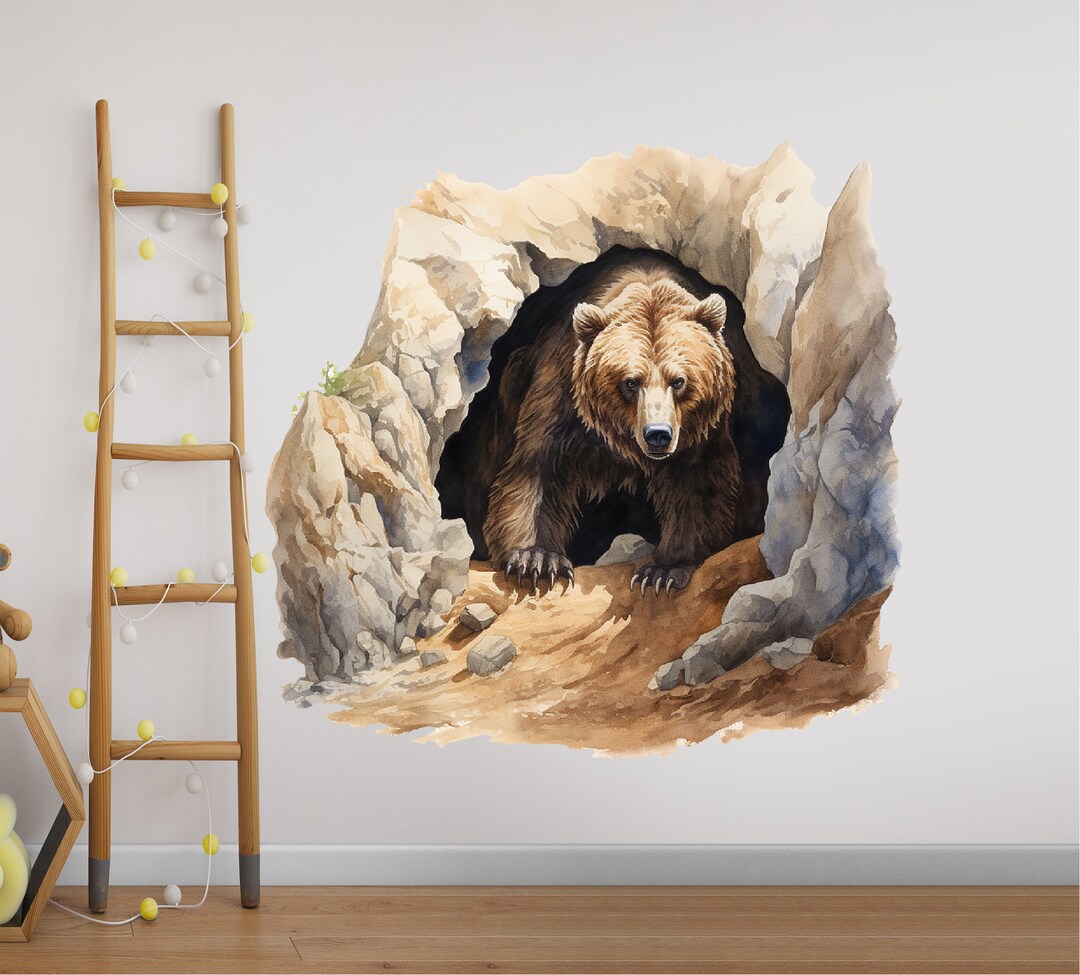 Bear Cave Wall Decal - Cozy Animal Theme Decor - Peaceful Bear Wall Art ...