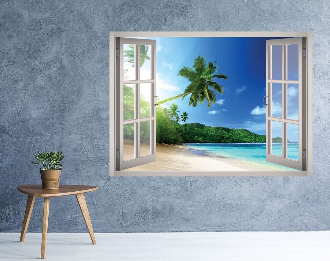 Tropical Beach View Window 3D Wall Decal Art Removable Palm Tree Beach