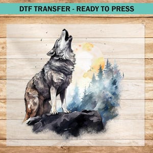 Wolf DTF Transfer, Howling Wolf Dtf, Mountain Moon Wolf DTF Ready to Press Iron On, Animal T-Shirt Apparel Custom DIY Gift