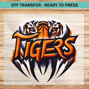 Transferência DTF de futebol dos tigres, transferências DTF do mascote dos tigres prontas para prensar para vestuário, cabeça de tigre camisetas com espírito de equipe Heat Press DTF print