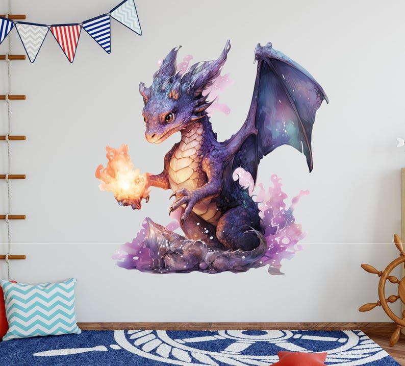 Watercolor Dragon Wall Art Sticker Decal, Fantasy Magical Baby Dragon ...