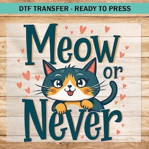 Meow or Never DTF Transfer Cute Cat Heat Press Design Funny Kitty Iron On Decal DTF Ready to Press Cat Lover Shirt Punny Cat Quote