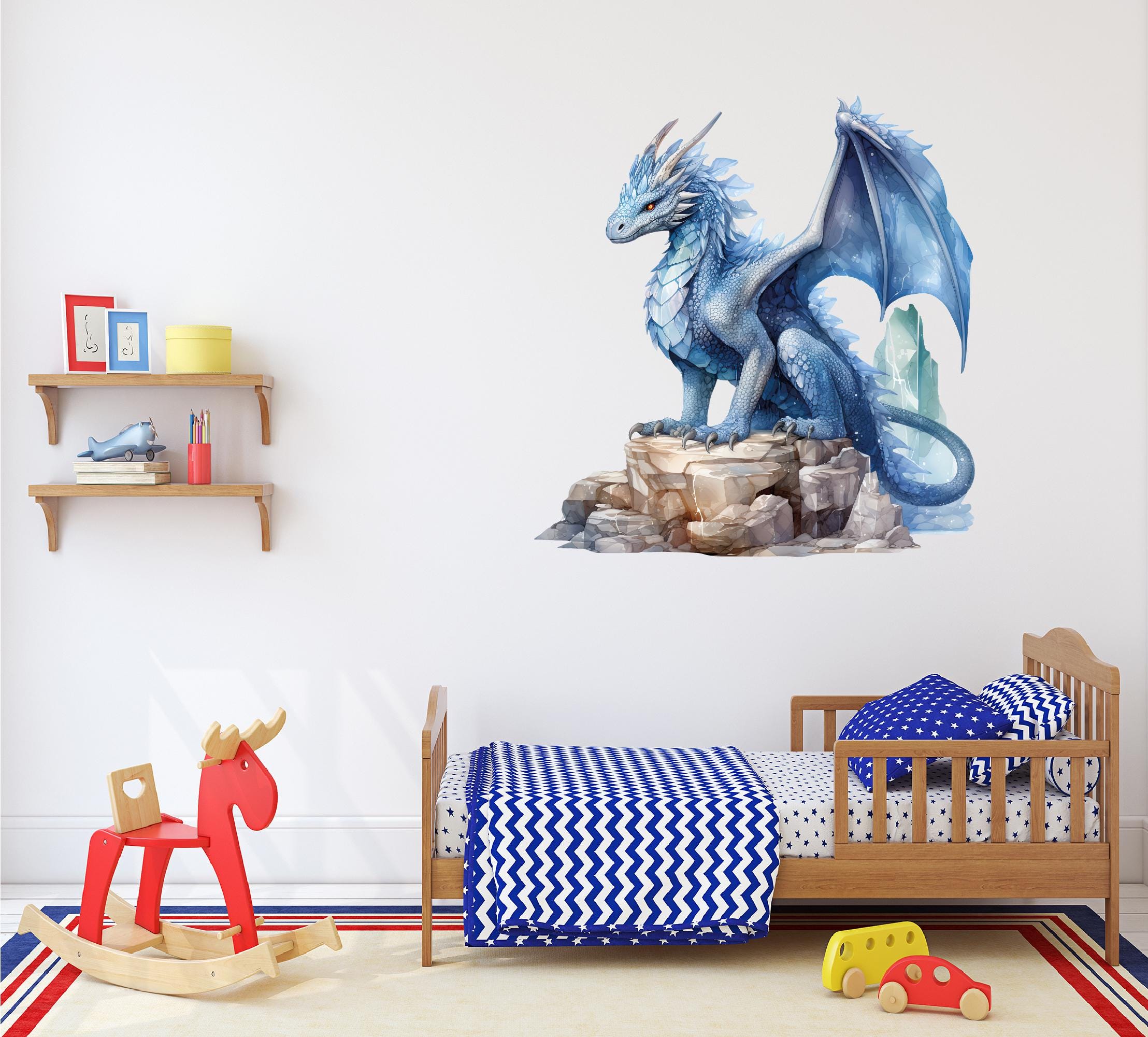 Watercolor Dragon Wall Art Sticker Decal, Blue Fantasy Magical Dragon ...