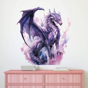 Purple Dragon Wall Decal - Magical Theme Wall Decor - Fantasy Purple Pink Dragon Wall Art - Nursery Kids Room Bedroom Vinyl Wall Sticker