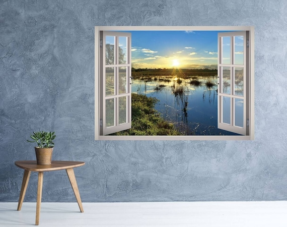 3d Window Landscape Of Forest And River Wall Decal Vinyl 3d Wall Art Vinyl Peel And Stick Removab Landscape Walls Vinyl Wall Decals Landscape