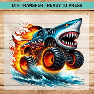 Monster Truck Shark DTF Transfer, Watercolor Shark DTF Transfers Ready to Press for Apparel, Fire Monster Truck Heat Press T-shirts for Kids