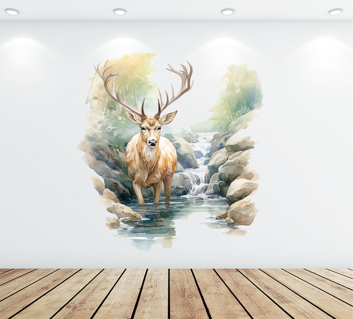 Deer Waterfall Wall Decal - Forest Theme Decor - Adorable Deer Wall Art ...