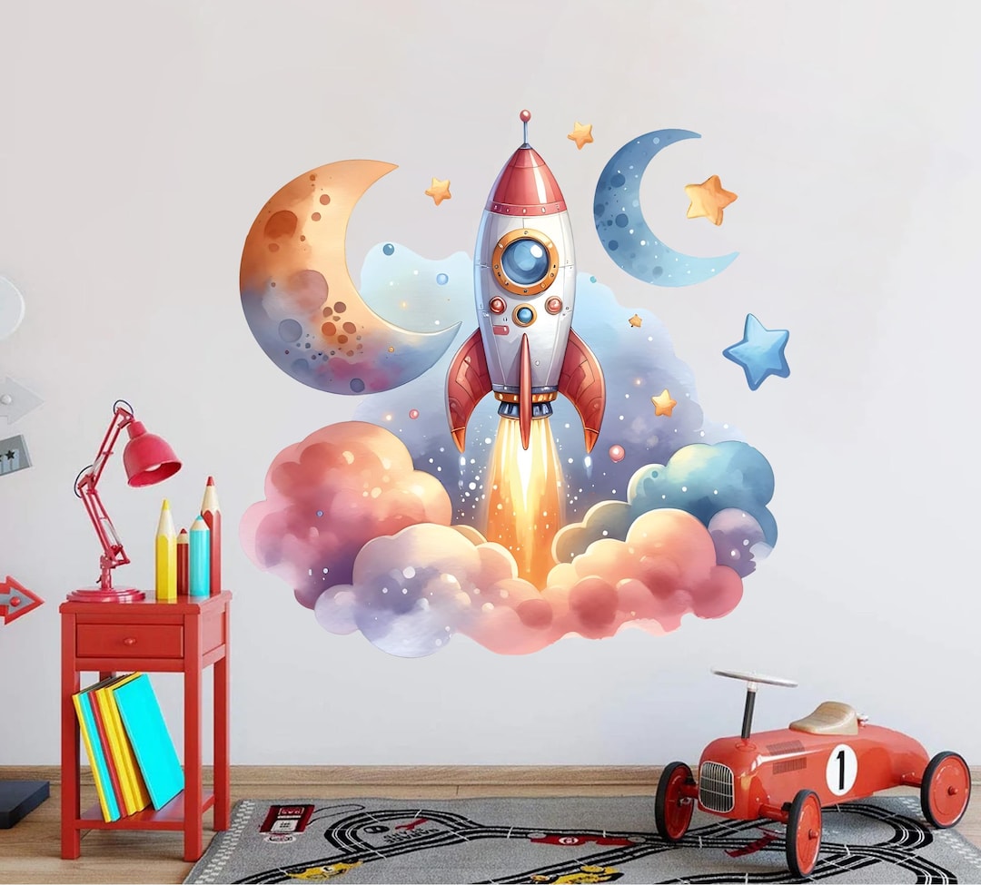 Rocket Space Wall Decal - Watercolor Outer Space Wall Decor - Baby ...