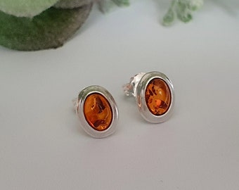 Amber & Sterling Silver Oval Stud Earrings. Gift. Ladies Jewellery, Gemstone, Womens Jewelery.