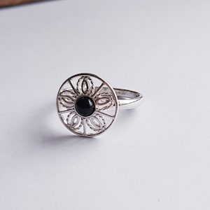 Whitby Jet & Sterling Silver Filigree Flower Circle Ring. Yorkshire Souvenir. Gift. Ladies Jewellery, Gemstone, Womens Jewelery.