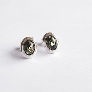 Green Amber & Sterling Silver Oval Stud Earrings. Gift. Ladies Jewellery, Gemstone, Womens Jewelery.