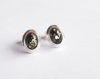 Green Amber & Sterling Silver Oval Stud Earrings. Gift. Ladies Jewellery, Gemstone, Womens Jewelery.