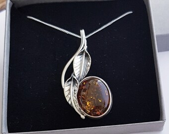 Amber & Sterling Silver Large Statement Cala Lily / Leaf Design Pendant and 18" Fine Curb Chain. Gift. Ladies Jewellery, Gemstone.