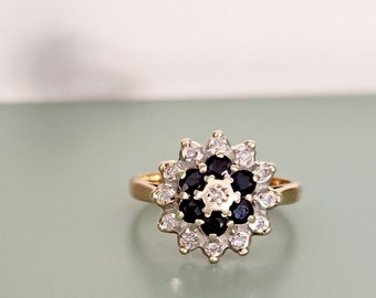Vintage 9ct Gold, Sapphire & Diamond Ring. Size N (EU 55) Free Resizing. Vintage Jewellery / Jewelry