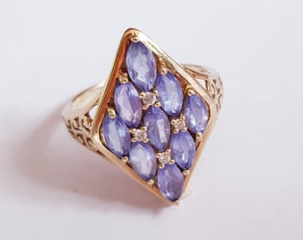 Vintage 9ct Gold, Tanzanite & Diamond Ring. Size O (EU 56) Free Resizing. Vintage Jewelery / Jewellery.  Natural Gemstone, Crystal.