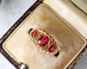 Antique 9ct Gold, Ruby & Diamond Ring. Hallmarked Chester 1916. Size M (EU 54) Free Resizing, Antique Jewellery / Jewelry. July Birthstone.