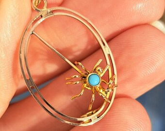 Edwardian 9ct Gold & Turquoise Spider Pendant. Hallmarked 9ct gold.c.1910. Vintage Jewellery / Jewelry. December Birthstone