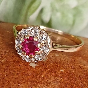 Vintage 9ct Gold Ruby & Diamond Ring. Hallmarked. Size H (US 4) Free Resizing, Vintage Jewellery / Jewelry. July Birthstone