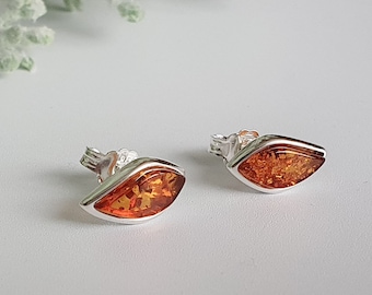 Amber & Sterling Silver Organic Shape Stud Earrings. Gift. Ladies Jewellery, Gemstone, Womens Jewelery.
