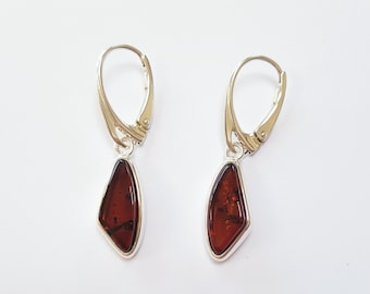 Sterling 925 Silver & Baltic Amber Contemporary Drop Earrings.  Souvenir. Gift. Ladies Jewellery.