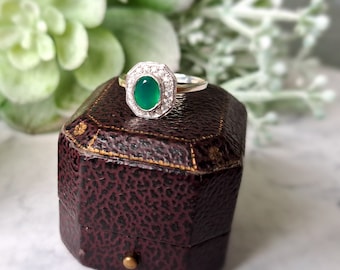 Vintage Sterling Silver, Emerald & Diamond Ring. Size S (EU 60) Hallmarked 1994.  Free Resizing. Vintage Jewellery / Jewelry May Birthstone