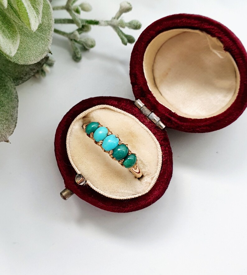 Antique 18ct Gold & Turquoise Cabachon Half Hoop Ring. Size N (EU 55) Free Resizing. Victorian Jewellery / Jewelery. December Birthstone. 
