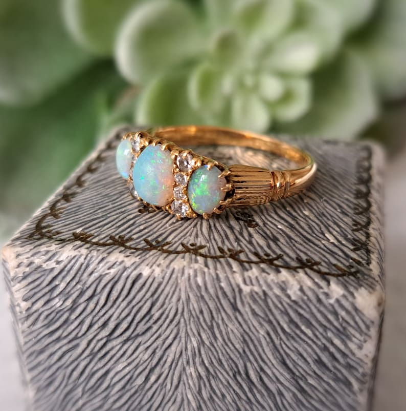 Antique 18ct Gold, Opal & Diamond Ring. Size N EU 55 Free Resizing. Edwardian Jewellery. Vintage Jewellery. October Birthstone image 3