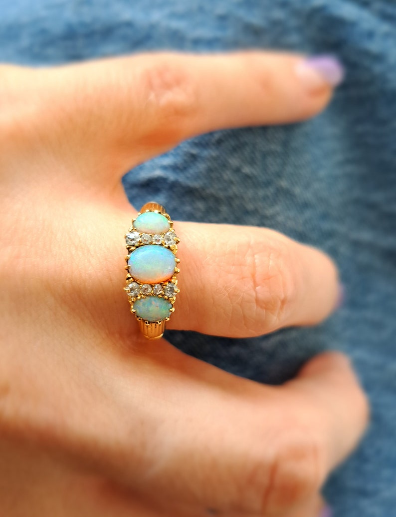 Antique 18ct Gold, Opal & Diamond Ring. Size N EU 55 Free Resizing. Edwardian Jewellery. Vintage Jewellery. October Birthstone image 5