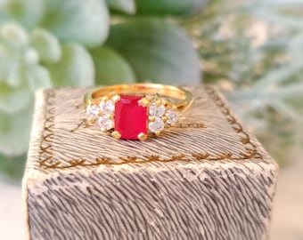 Vintage 9ct Gold, Ruby & Cubic Zirconia Ring. Size L (EU 53) Hallmarked.  Free Resizing. Vintage Jewellery / Jewelry. July Birthstone