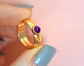 Vintage 9ct Gold & Amethyst Cabochon Ring. Size L (EU 53). Free Resizing. Hallmarked 1987. Pinky Ring. February Birthstone