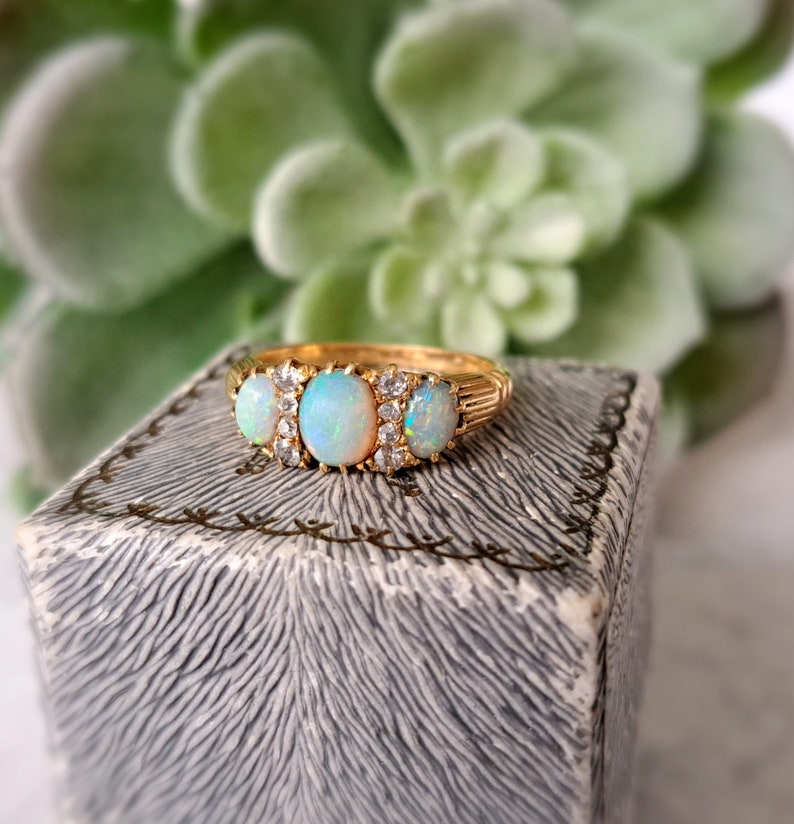 Antique 18ct Gold, Opal & Diamond Ring. Size N EU 55 Free Resizing. Edwardian Jewellery. Vintage Jewellery. October Birthstone image 7