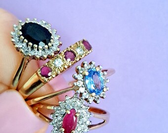 Vintage 9ct Gold, Ruby & Diamond Cluster Ring. Size N (EU 54) Free Resizing. Vintage Jewellery / Jewelery. July Birthstone.