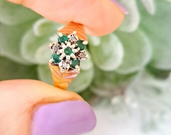 Vintage 9ct Gold, Emerald & Diamond Cluster Ring. Size O (EU 56) Hallmarked 1977. Free Resizing. Vintage Jewellery / Jewelry May Birthstone