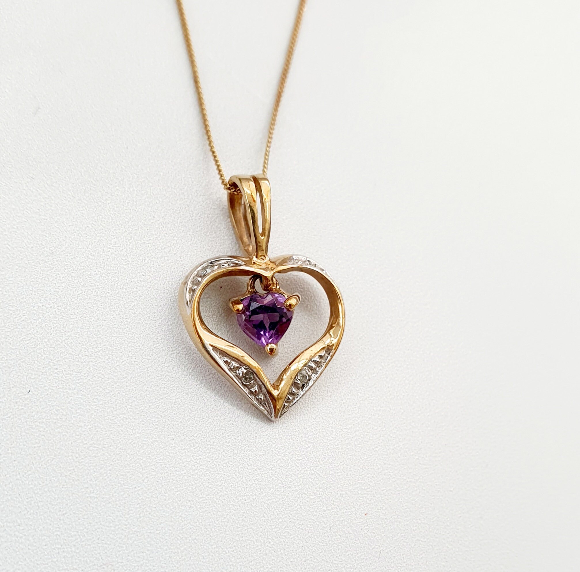 Vintage 9ct Gold Amethyst & Diamond Heart Pendant. Ladies | Etsy