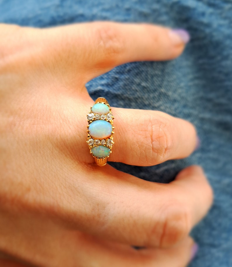 Antique 18ct Gold, Opal & Diamond Ring. Size N EU 55 Free Resizing. Edwardian Jewellery. Vintage Jewellery. October Birthstone image 4