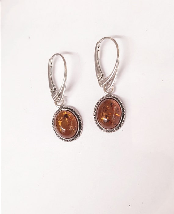 Boucles D'oreilles En Argent Massif Et Ambre - Bijou Occasion, Style Naturel