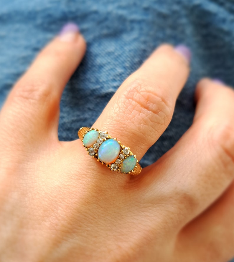 Antique 18ct Gold, Opal & Diamond Ring. Size N EU 55 Free Resizing. Edwardian Jewellery. Vintage Jewellery. October Birthstone image 1