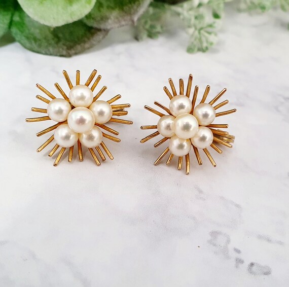 Vintage 9ct Gold Pearl Clip on Earrings. Starburst Design