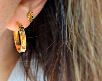 Vintage 9ct Gold Greek Key Cut Hoop Earrings. Vintage Jewelry / Jewellery.  Retro Jewellery, Gold Hoops, SOLID Gold.