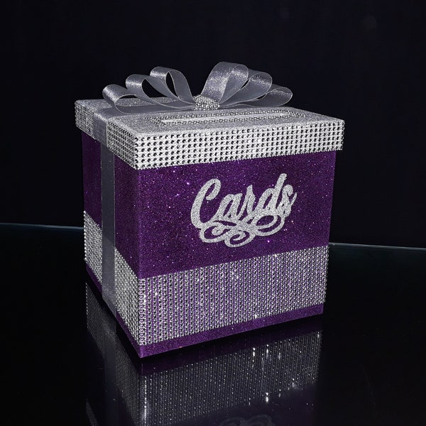 Purple Square Card Box Glitter and Bling for Sweet 16, Wedding, Mitzvah Card Box,Quince, Quinceanera & Mitzvah, Square card box rhinestones