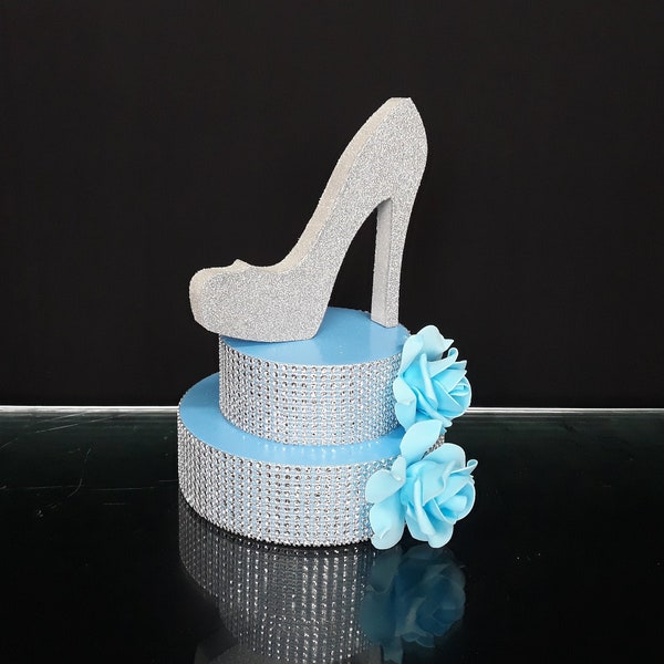 Centerpiece Shoe on stand Light blue cinderella color,Central decor table,decor for the festive table,Sweet 16, Wedding,Mitzvah,Quinceanera