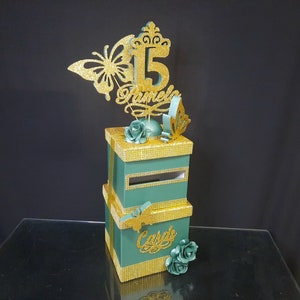 Caja de tarjeta verde esmeralda con mariposas, tarjetas de cardbox mariposas, Card box Sweet 16 mariposas, Quinceañera Bar Bat Mitzvah mariposas