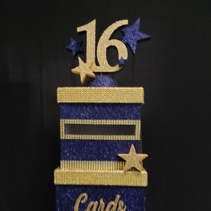 Caja de cartón con estrellas azul marino, Caja de cartón de dos pisos, Caja para tarjetas, Para Sweet 16, Mitzvah, Quinceanera & Mitzvah