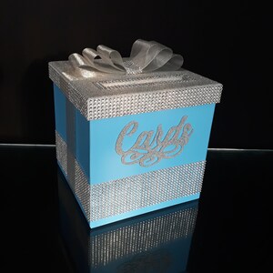 Hellblau Square Card Box für süße 16, Hochzeit, Mitzvah, Quitte, Quinceanera & Mitzvah, quadratische Karte Box Strass